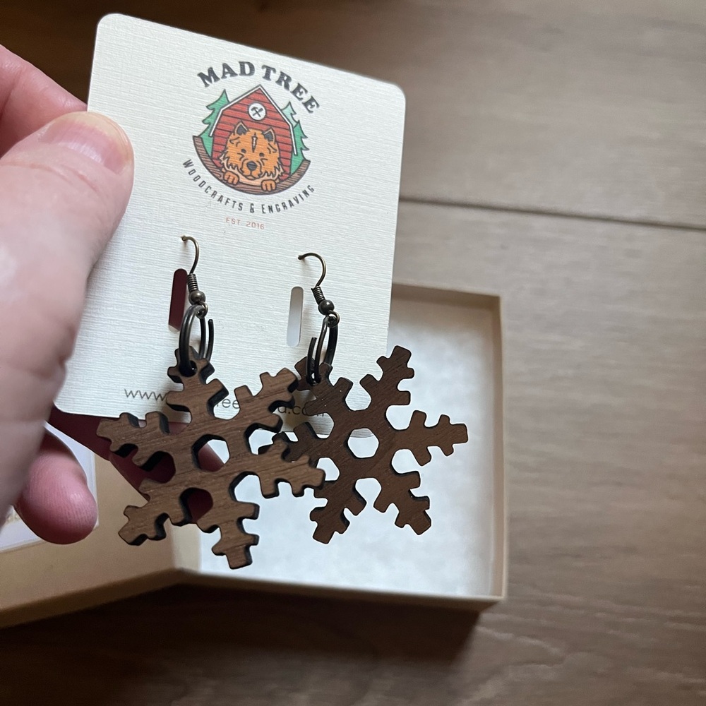 Walnut Wood Snowflake Earrings
